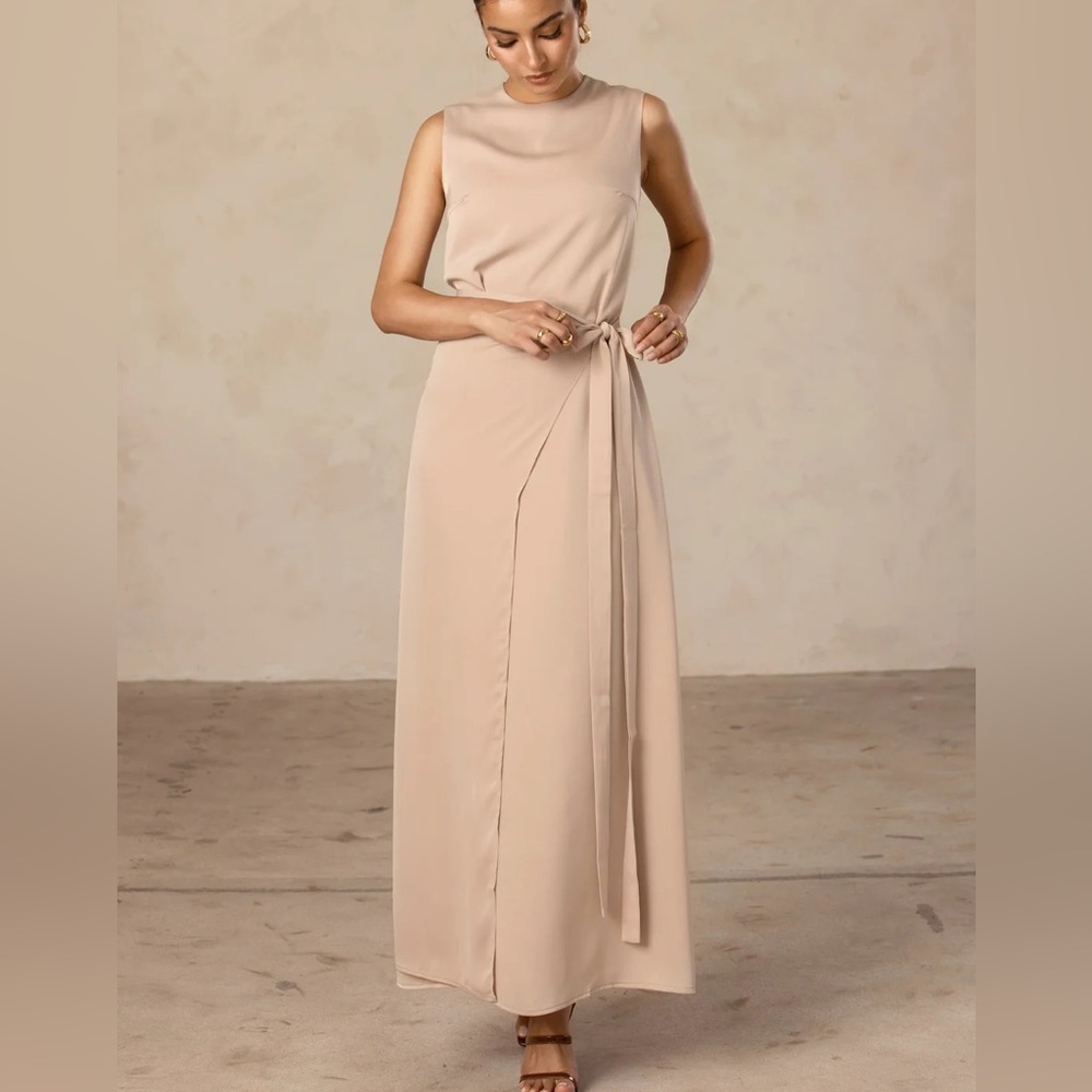 Sleeveless Maxi Dress & Wrap Skirt Set in Taupe